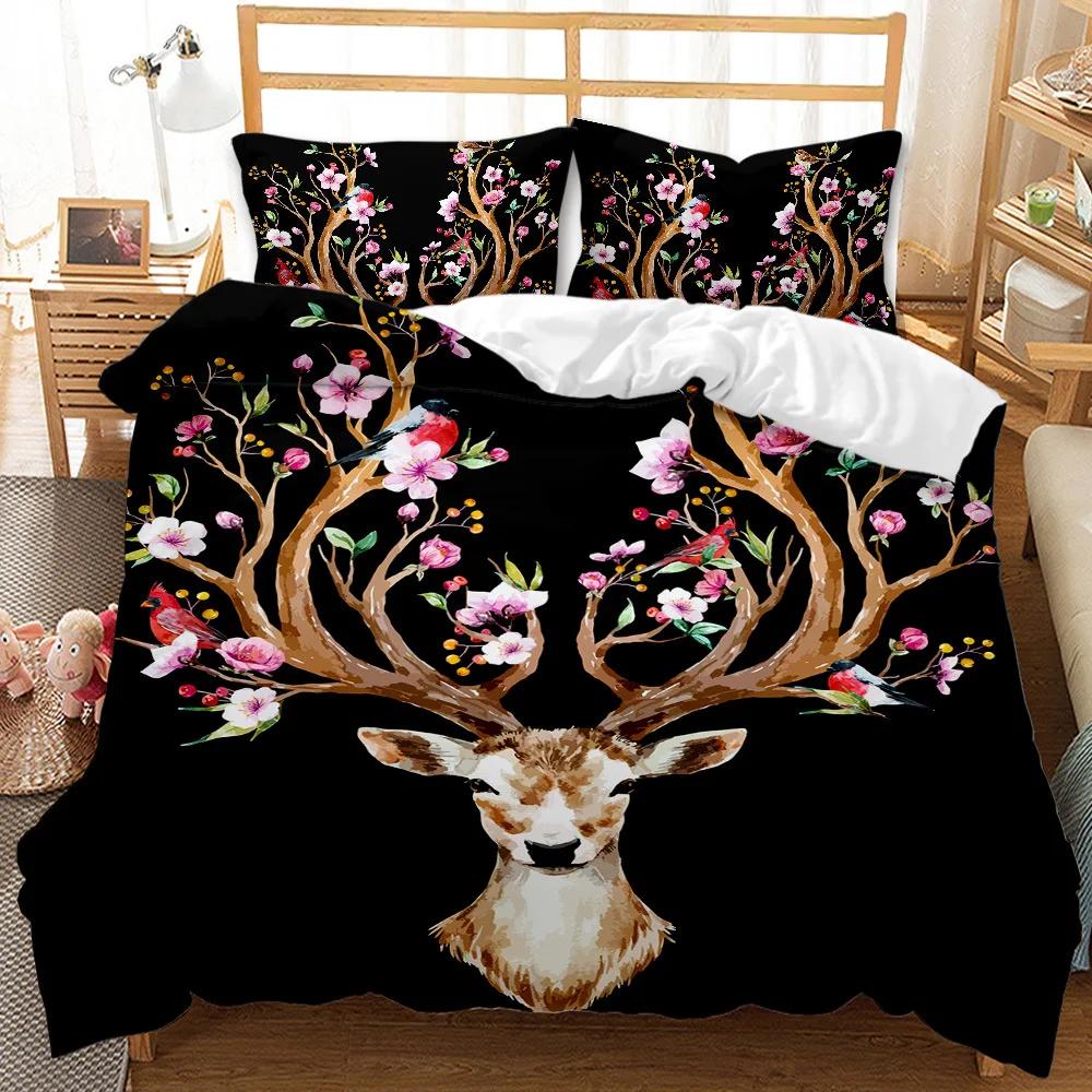 Deer Duvet Cover King/Queen Size,wildlife Bucks Fire Pattern Print Bedding Set For Teens Adults Men,Brown Elk Animal Quilt Cover