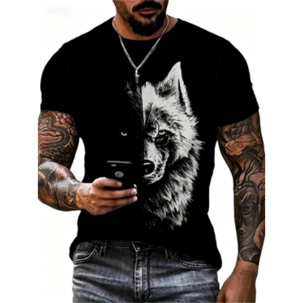 Fashionable Summer Men's Domineering Wolf Print Pattern Breathable Round Neck T-shirt Outdoor High Street Casual