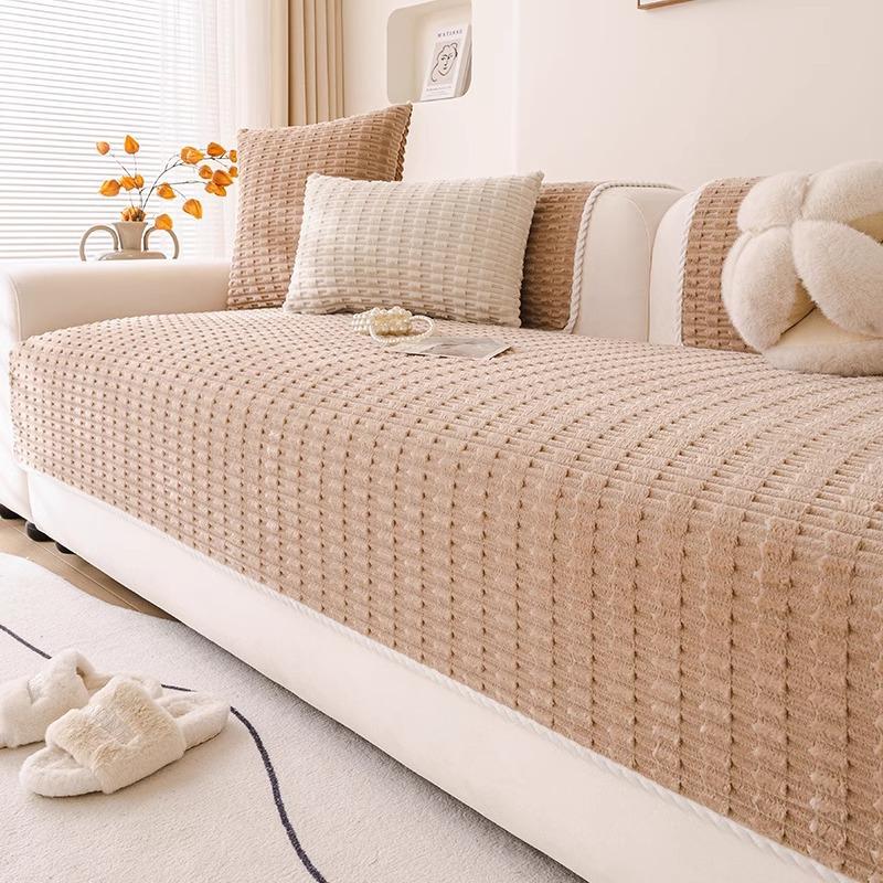 New Autumn Winter Sofa Cover Anti-skid Modern Couch Cushion Solid Color Geometric Plush Cushion Universal Thickening Couch Cover