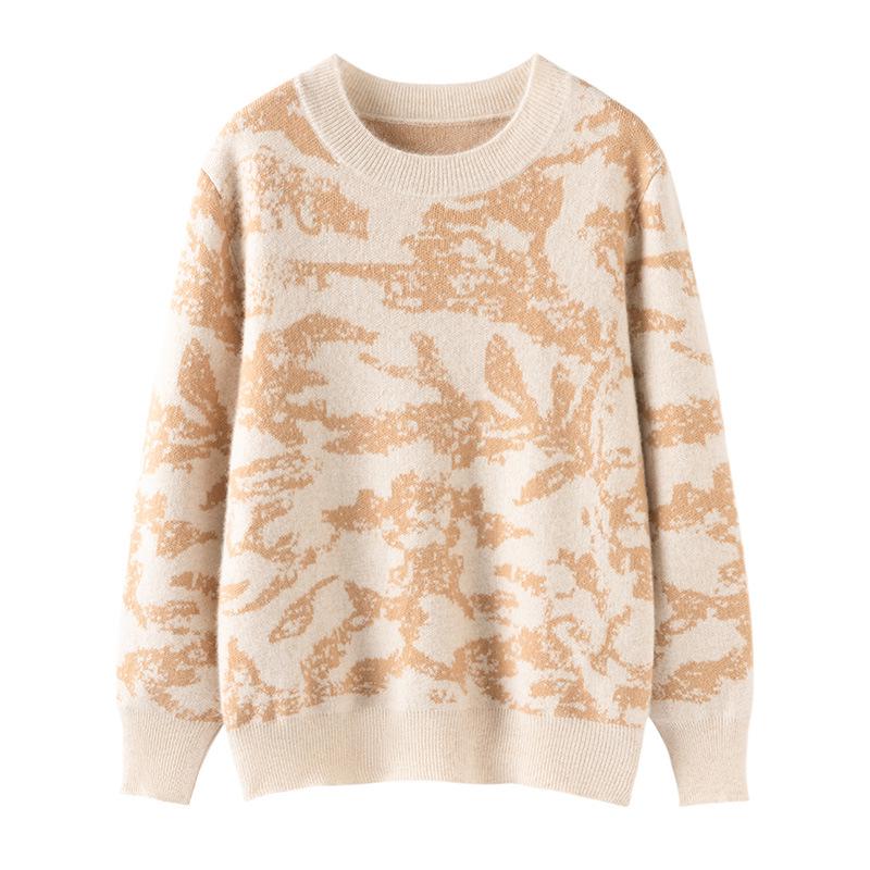 2025 Luxury Cashmere Ink Painting Women's Wool Pullover: Round Neck, Long Sleeve, Loose Fit for Autumn/Winter