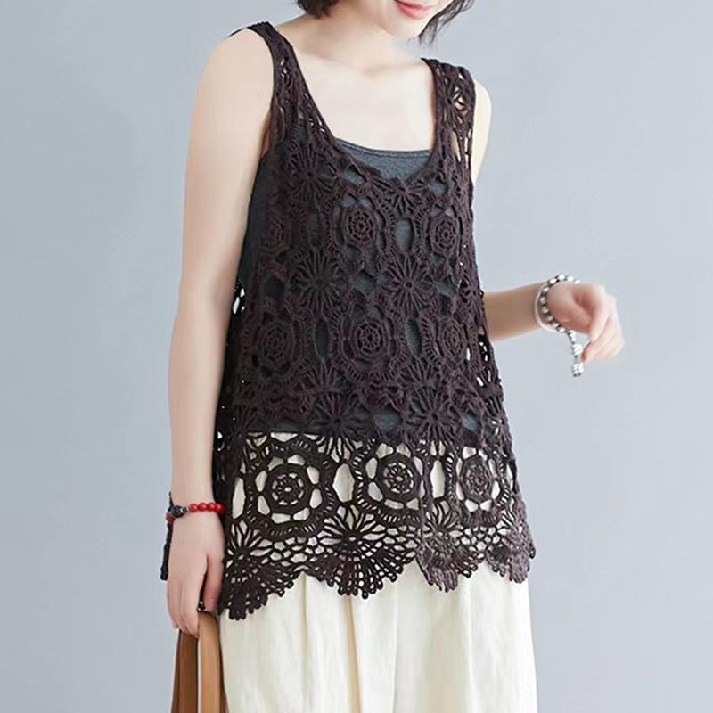 Mori Style Vintage Häkelspitze Camisole: Damen Lockerer Oberbekleidungsweste und Strickjacke