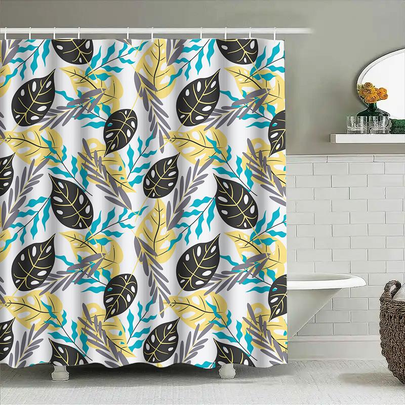 

Leaf Pattern Shower Curtain Modern Waterproof Fabric For Bathroom Decor, Blue Green Yellow Black Colorful Design Size72X84 In (1 W60H190(CM)-1 Pcs