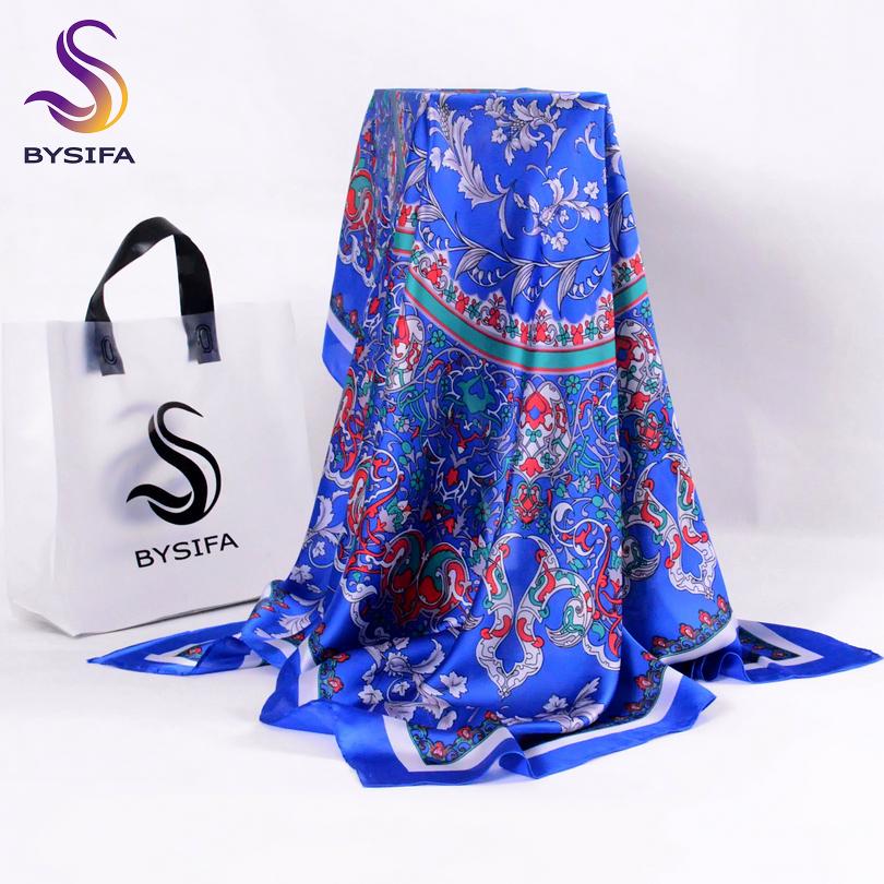 [BYSIFA] Ladies Silk Scarf Shawl Spring Autumn Women Large Square Scarves New Accessories Blue Silk Head Scarf Cape 110*110cm