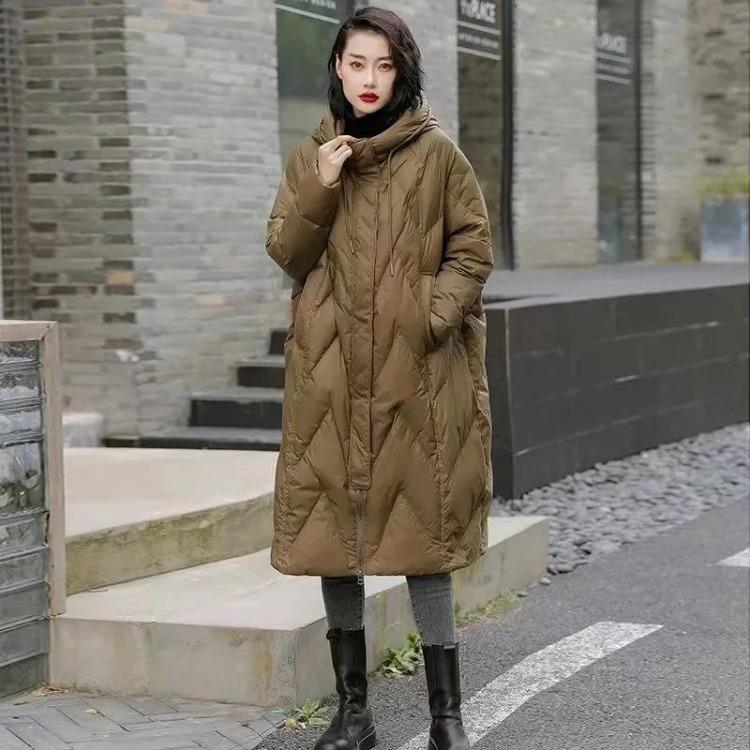Winter Women Down Jacket Thickened Vintage Mid Loose Long Coat White Duck Down Hooded Overcoat Female Winter Wear