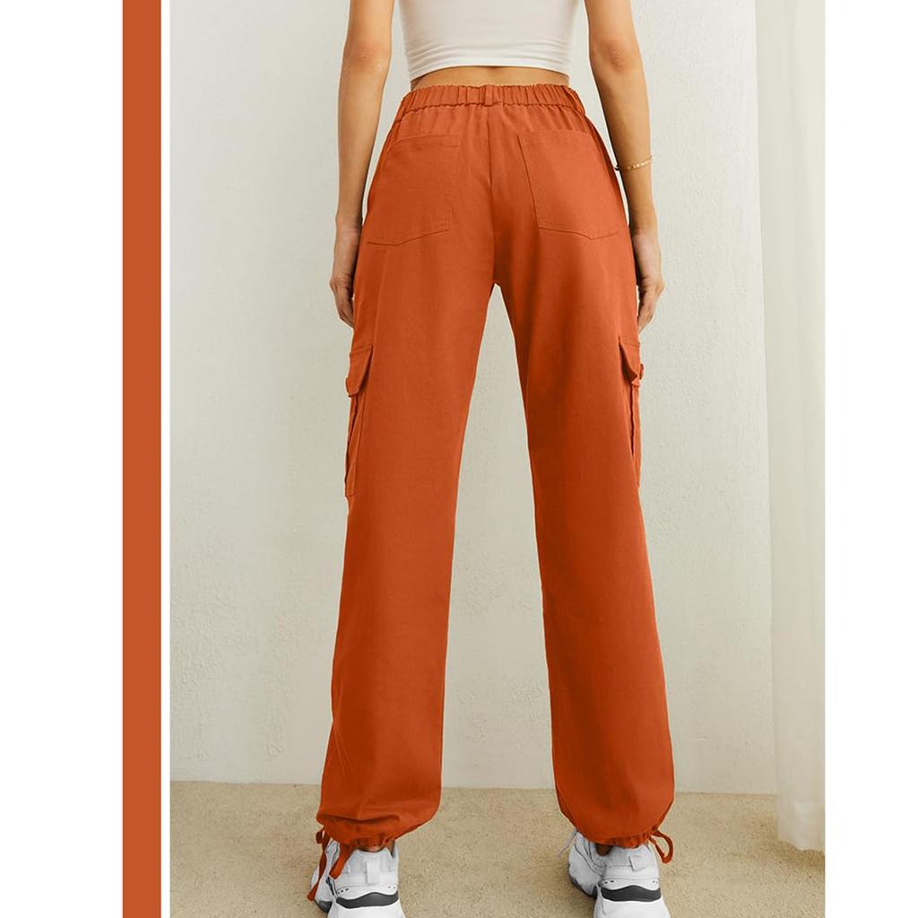 Women  Elastic High Waist Pant Casual Active  Fit Wide Leg Long Pants Trousers With Pockets