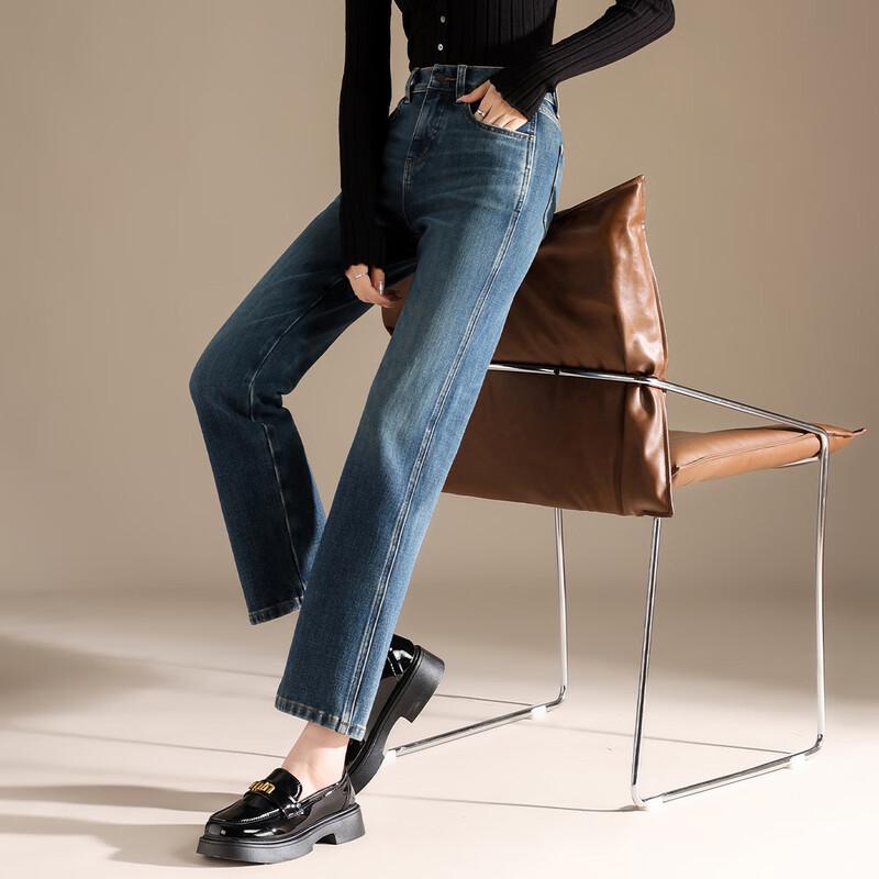 

Женские джинсы RAIN.CUN темно-синие с высокой посадкой и прямыми штанинами 32