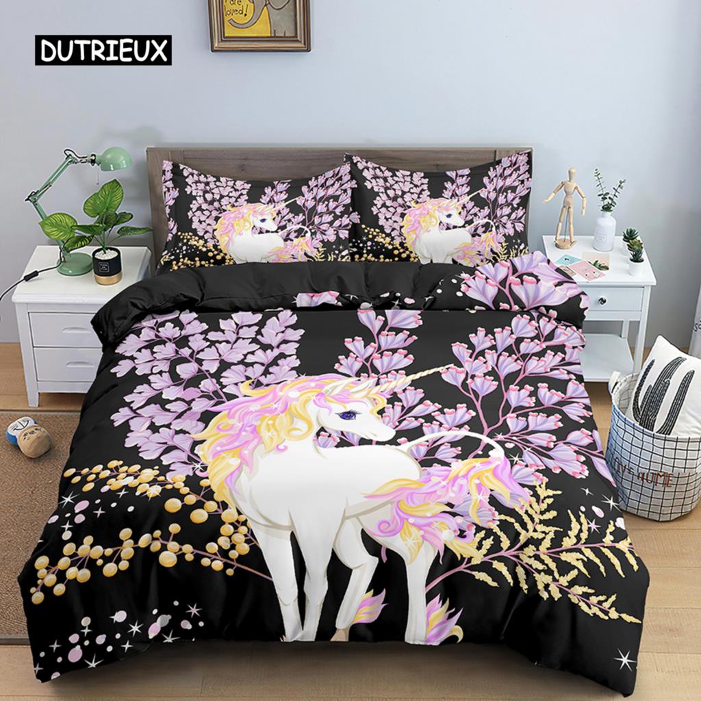 Unicorn Duvet Cover Set Cartoon Animal Bedding Set Single Twin King For Kids Girls Polyester Romantic Theme Star Comforter Cover