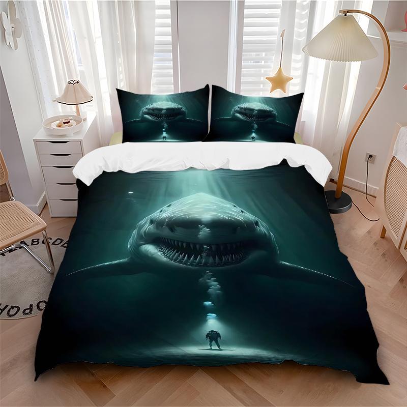 3pcs Giant Shark Duvet Cover Set with One Quilt Cover and Two Pillowcases (No Core) - Anime Cartoon Design, Perfect for Bedroom and Guest Room Decorat