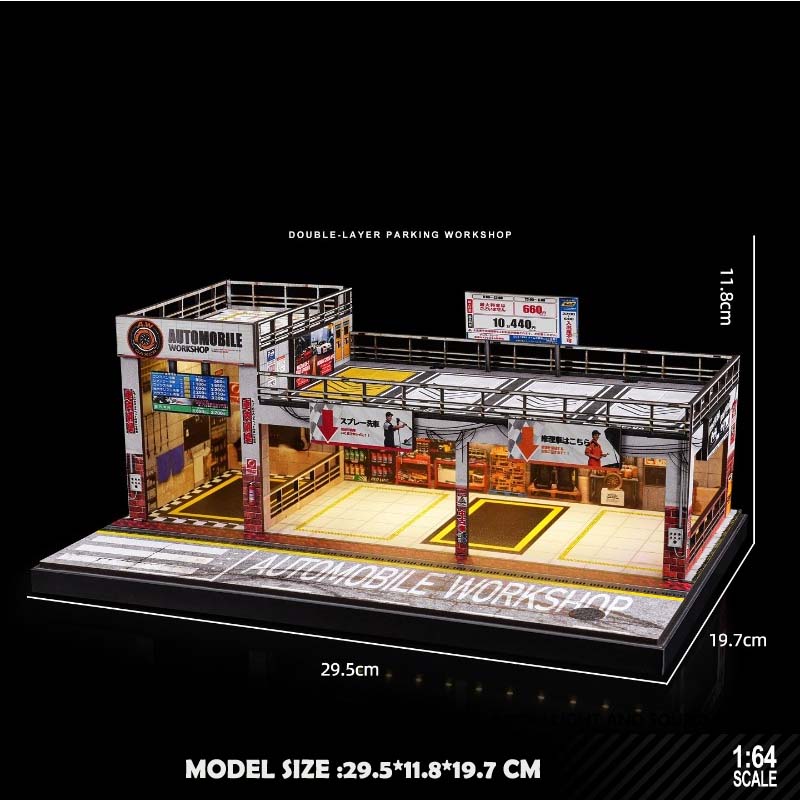 Simulation Amerikanischer Stil Auto Garage Szene von 1/64 Maßstab Auto Modell Lager Parkplatz mit Licht Display Ständer Ornament brown