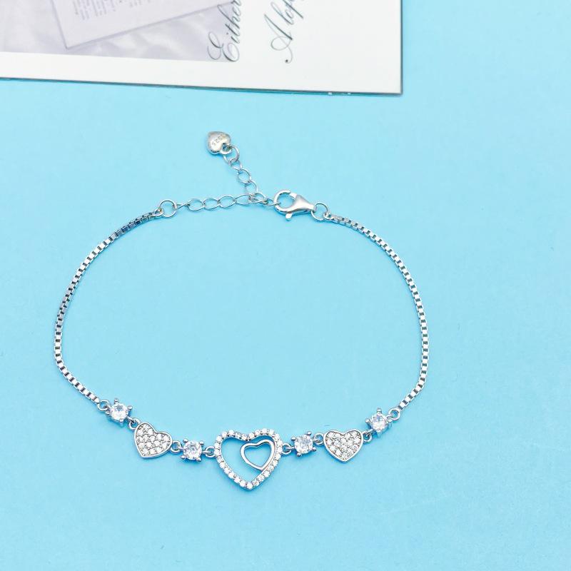 S925 Sterling Silver Heart Bracelet with Inlaid Zircon - Elegant, Versatile, and Fashionable for Women Sterling Silver