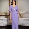 New Arrival Middle East Lilac Purple Horn Cuff Hand Sewing Drill Dress V-Neck Flared Sleeve Dress