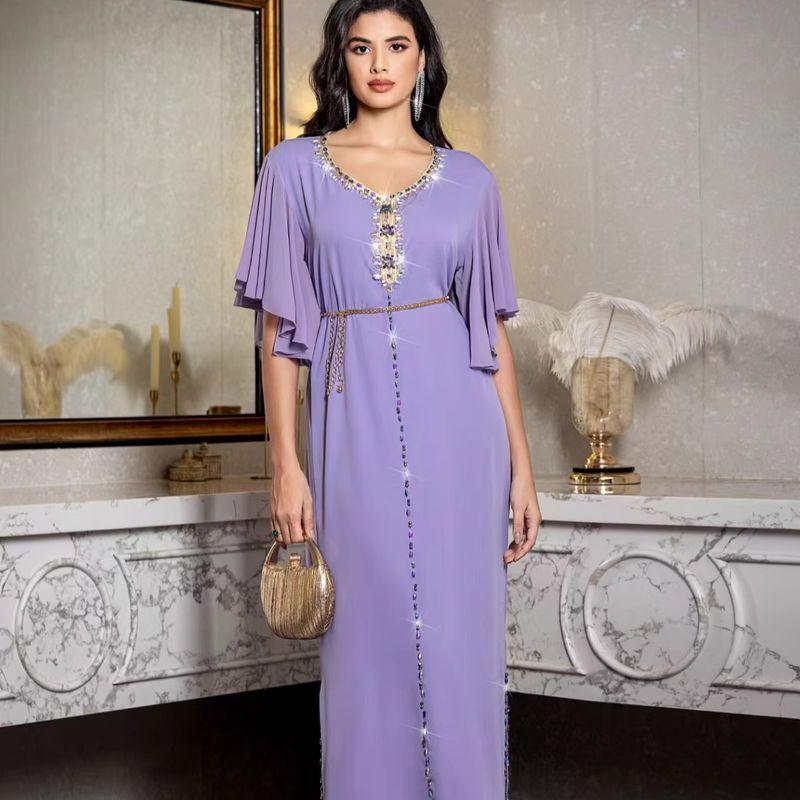New Arrival Middle East Lilac Purple Horn Cuff Hand Sewing Drill Dress V-Neck Flared Sleeve Dress