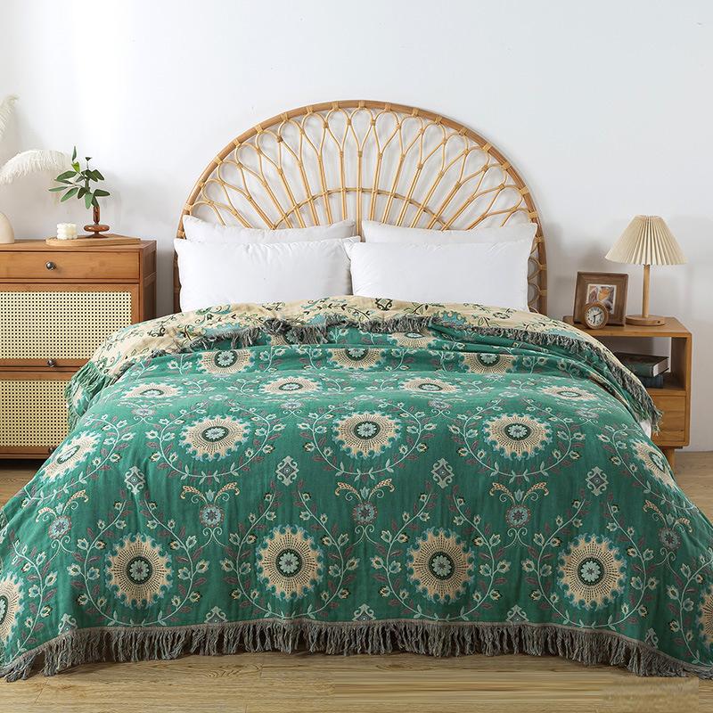 Green/brown blanket, double flower tassel, sofa blanket, double-sided blanket, pure cotton