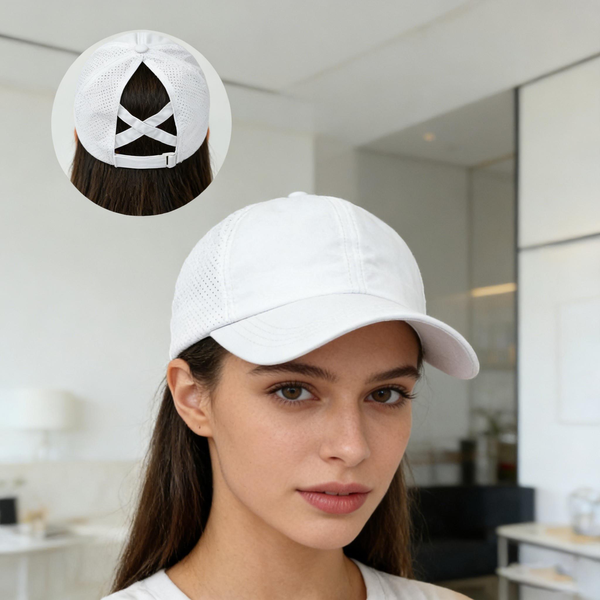 Eine Baseballkappe mit hohem Pferdeschwanz für Damen-Outdoorsport, Eine leichte, schnell trocknende, atmungsaktive Baseballkappe aus Netzgewebe und Ein Sonnenschutz und white