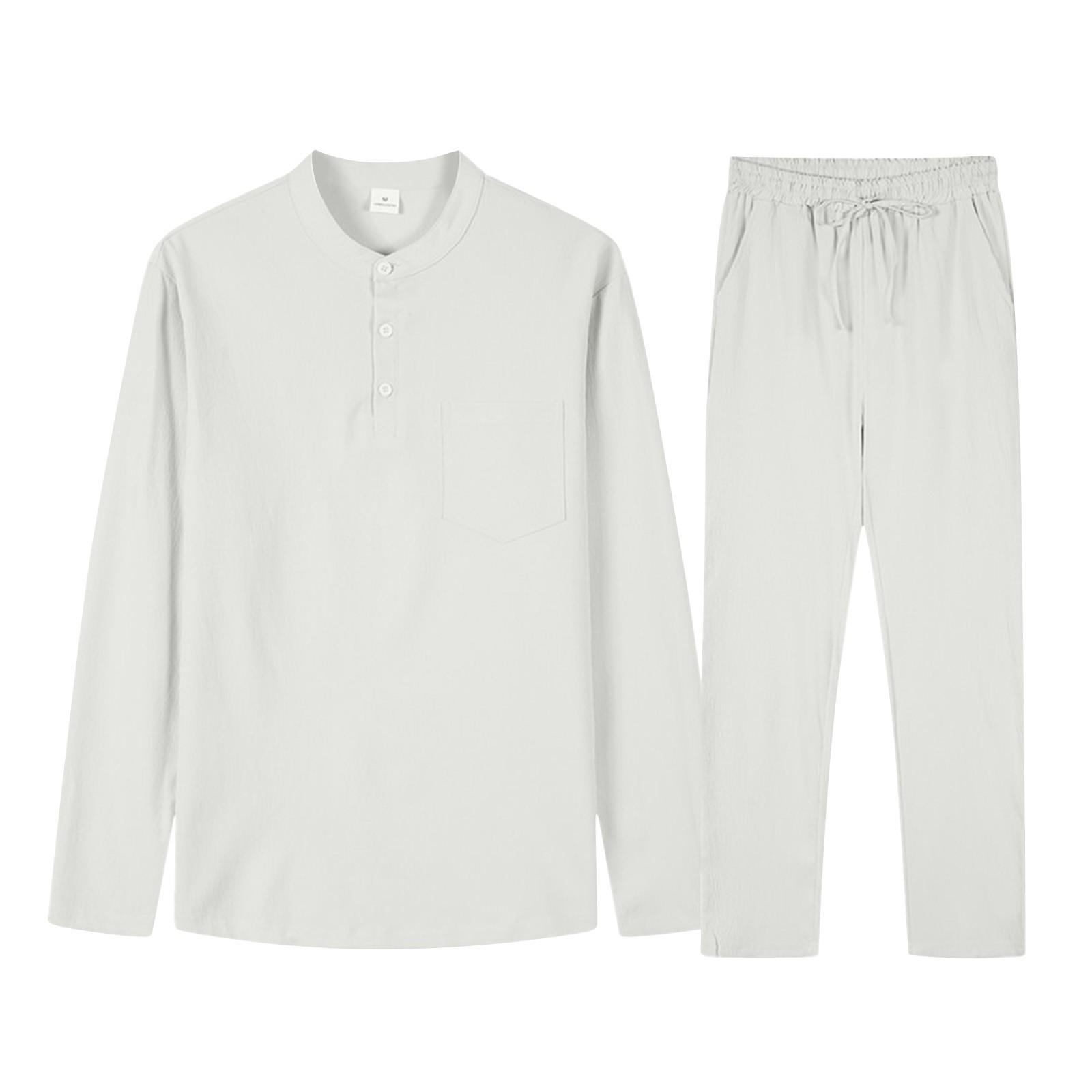 

Men s Summer Cotton Linen Color Loose Pocket Button Collar Long Sleeve Tops And Pants Set M білий