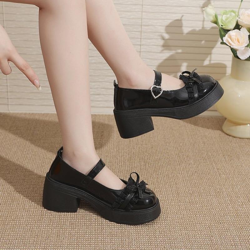 Fashion Ankle Buckle Chunky Heels Bow Women Japanese Style Patent Leather Mary Jane Shoes Woman Punk Thick Heels Single Lolita Shoes
