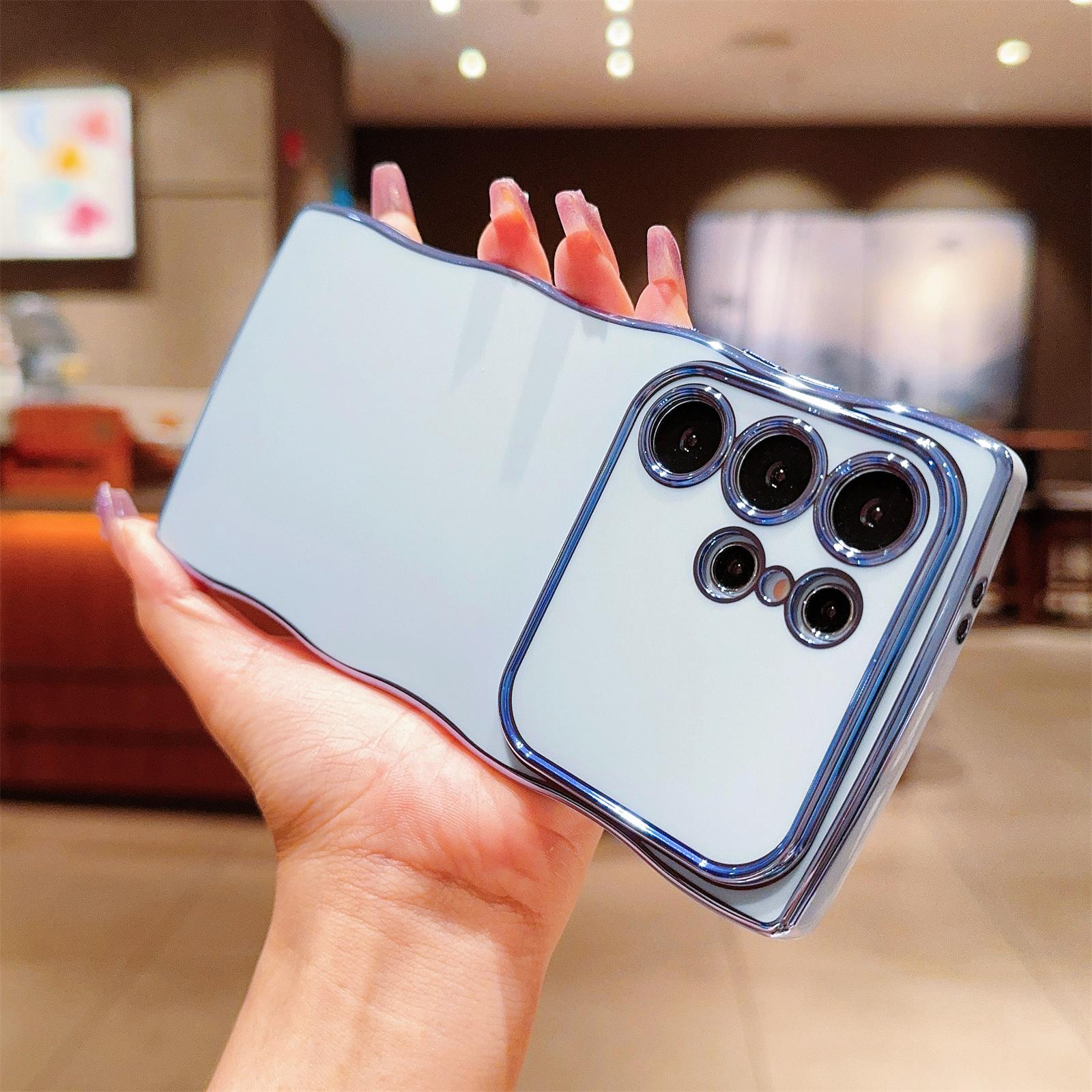 

For Samsung Galaxy S24 Ultra Case Curly Wave Frame TPU Phone Cover Electroplating Large Window Blue