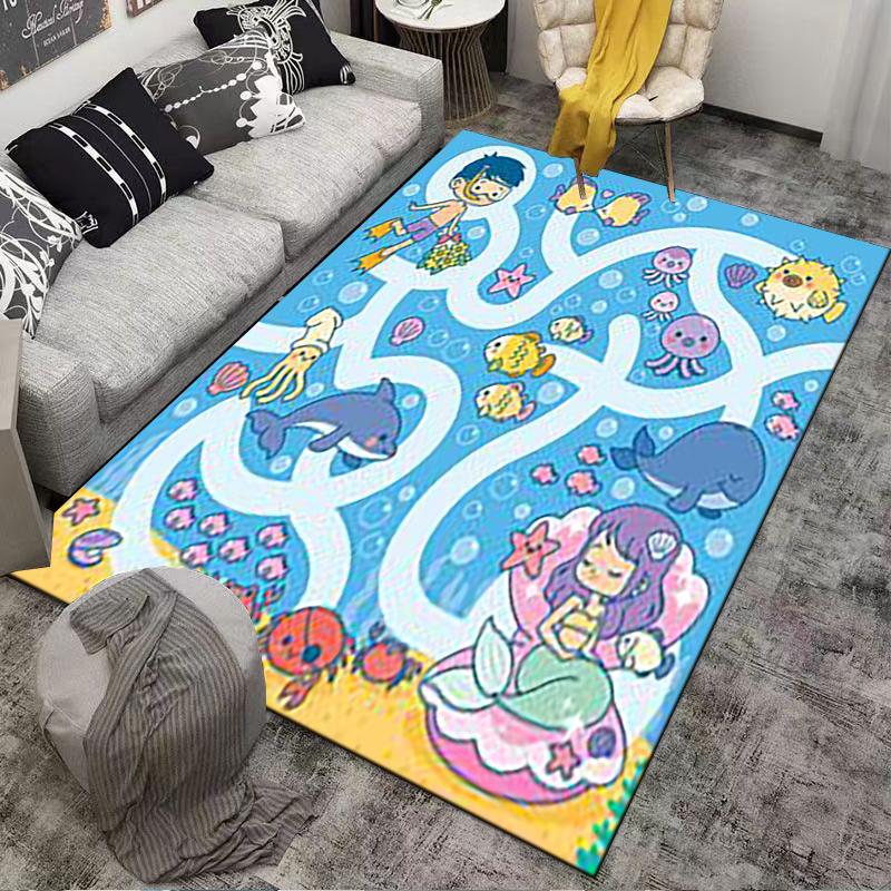 Cute Ocean-Themed Carpet with Mermaid, Dolphin, Fish, and Sea Life Suitable for use as an anti-slip for living room bedroom sofas