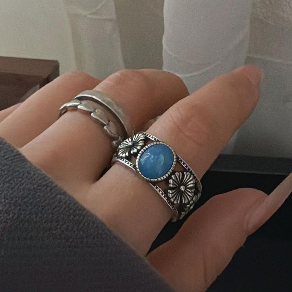 925 Sterling Silver Rings For Women Vintage Handmade Adjustable Blue Stone Ring Fashion Female Bijoux Gift