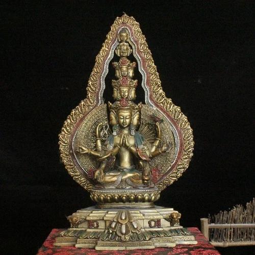 

18 Коллекция Тибетского храма старая бронзовая расписанная 1000-рукая Гуаньинь Тысячеголовый Авалокитешвара Будда Терраса поклонения будде