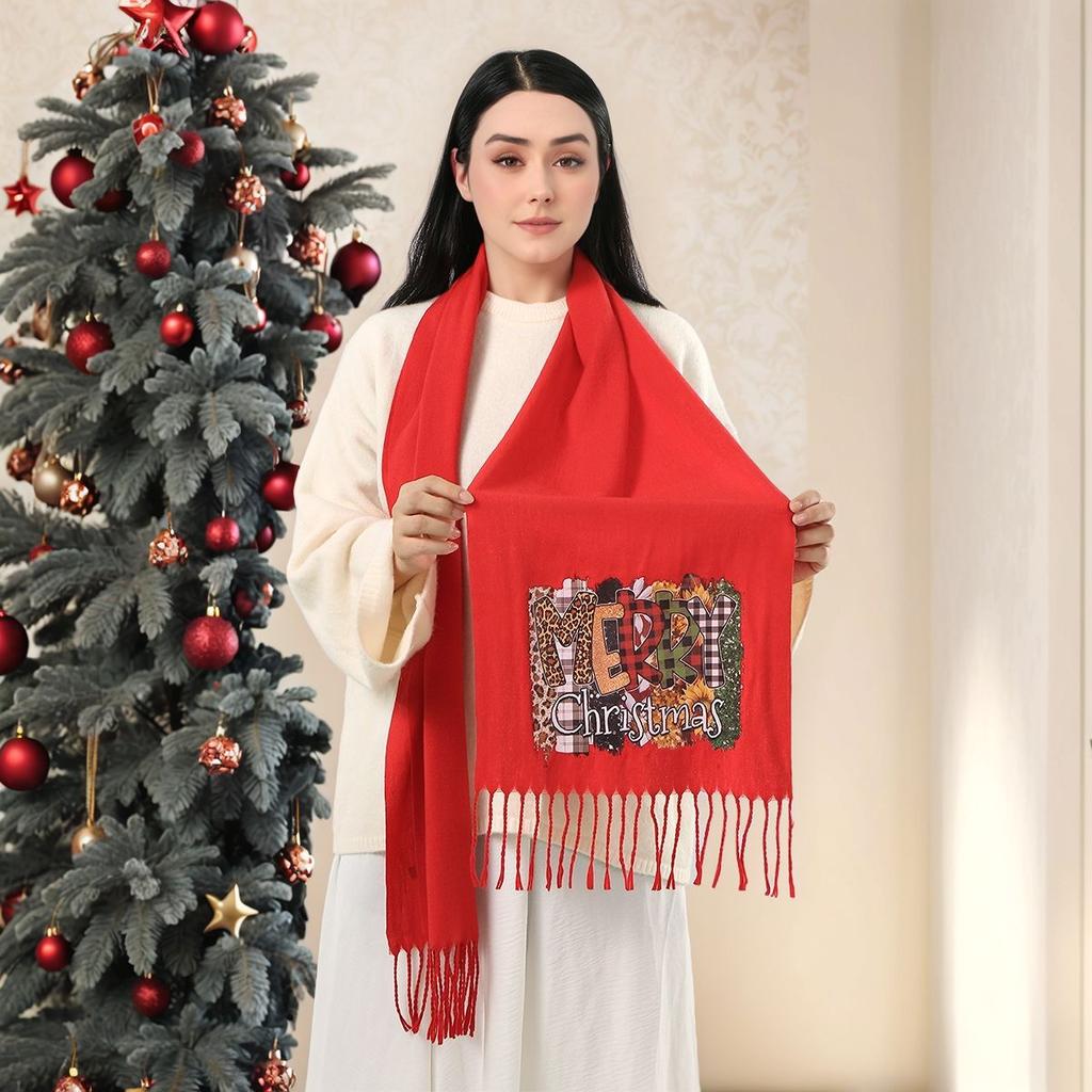 New Winter Cute Elk Christmas Printed Imitation cashmere Tassel Scarf  for Women Fashion Solid Thick Blanket Pashmina Shawl Wrap