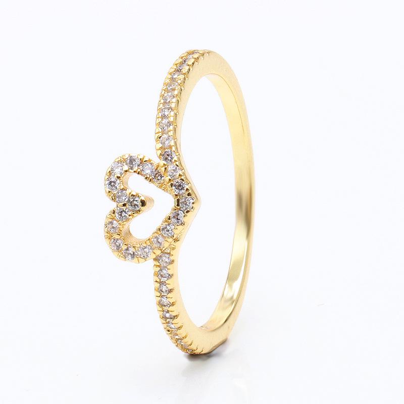 Gold-Plated White Copper Heart Wishbone Ring - European  American Style Hollow Heart Design, Perfect Surprise Gift 54
