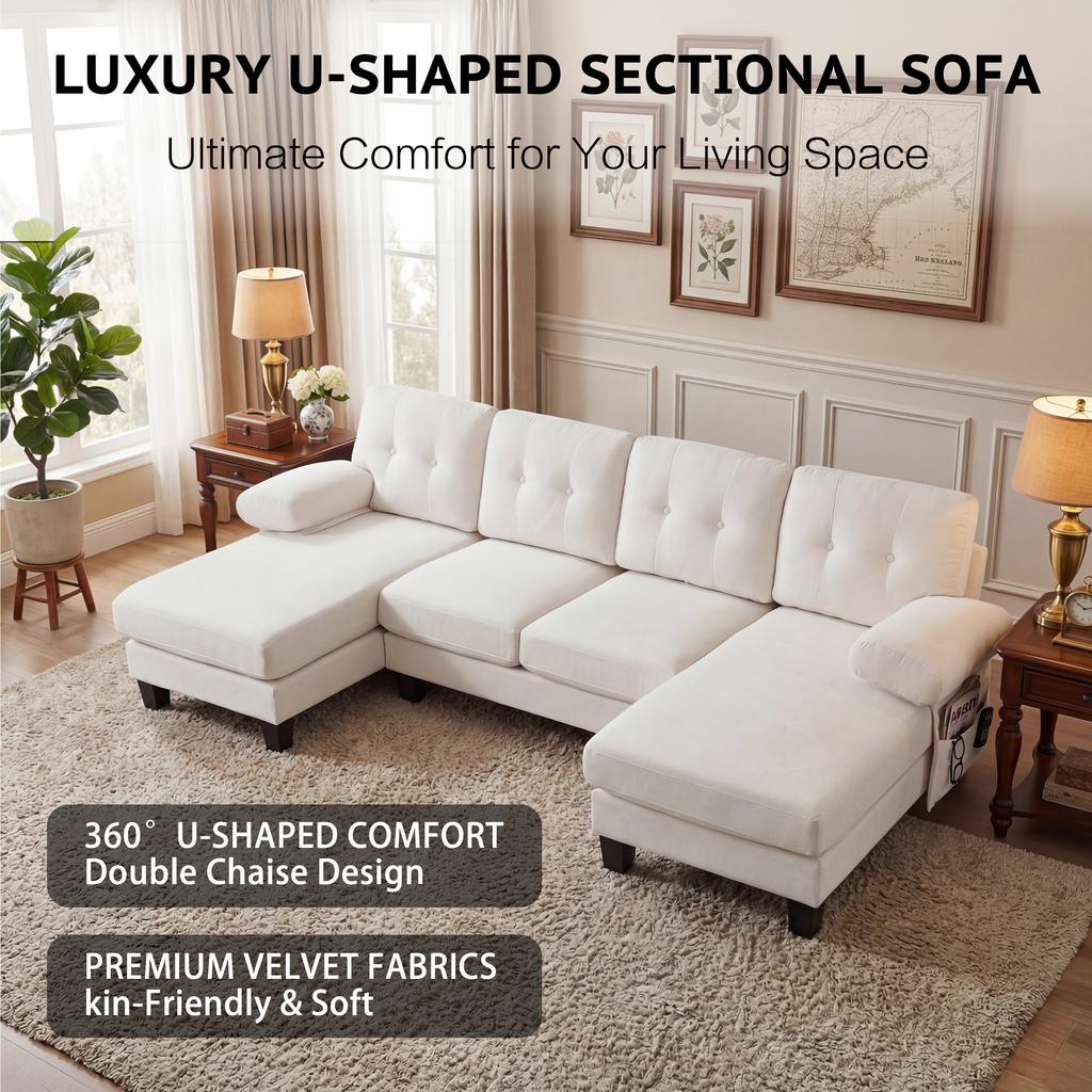 Divano Angolare a U a 4 Posti con Chaise Longue, Divano Moderno in Chenille, Divano Letto con Schienale Regolabile, Divano per Ospiti per Soggiorno e Ufficio, Beige