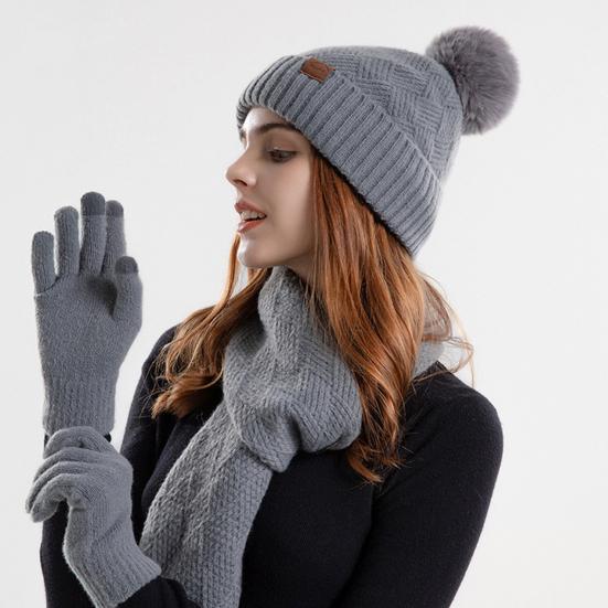 Women's Winter Hat Scarf Gloves Set Faux Fur Pompom Ball Knitted Cap Long Scarf Touch Screen Gloves Set for Cold Weather