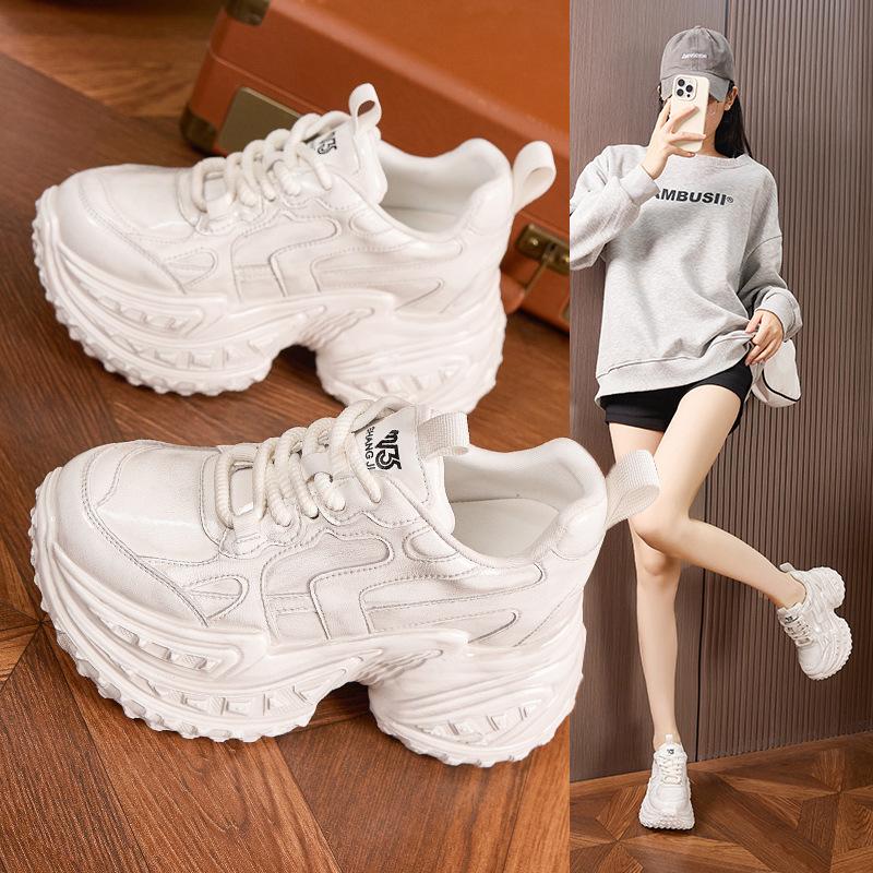 Fashion 10CM Genuine Leather Chunky Sneakers for Women Fashion Sneakers Walking Shoes Platform Heel Sneakers Women Casual Shoes