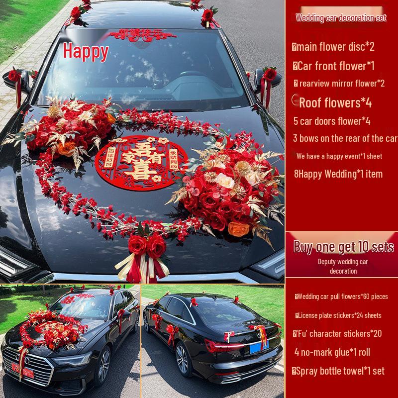 Complete Wedding Car Decoration Set: Front Flower Main Car and Lead Car Arrangement