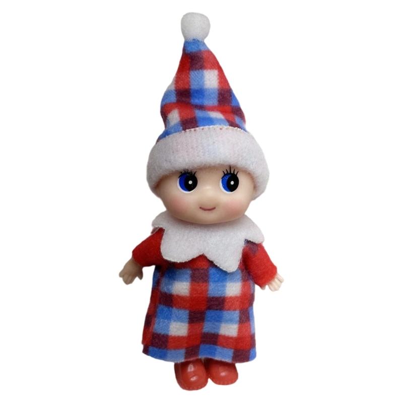 Holiday Baby Elf Miniature Doll with Plaids Accessories For Home Office Christmas Decors Festives Desktop Shelf Display