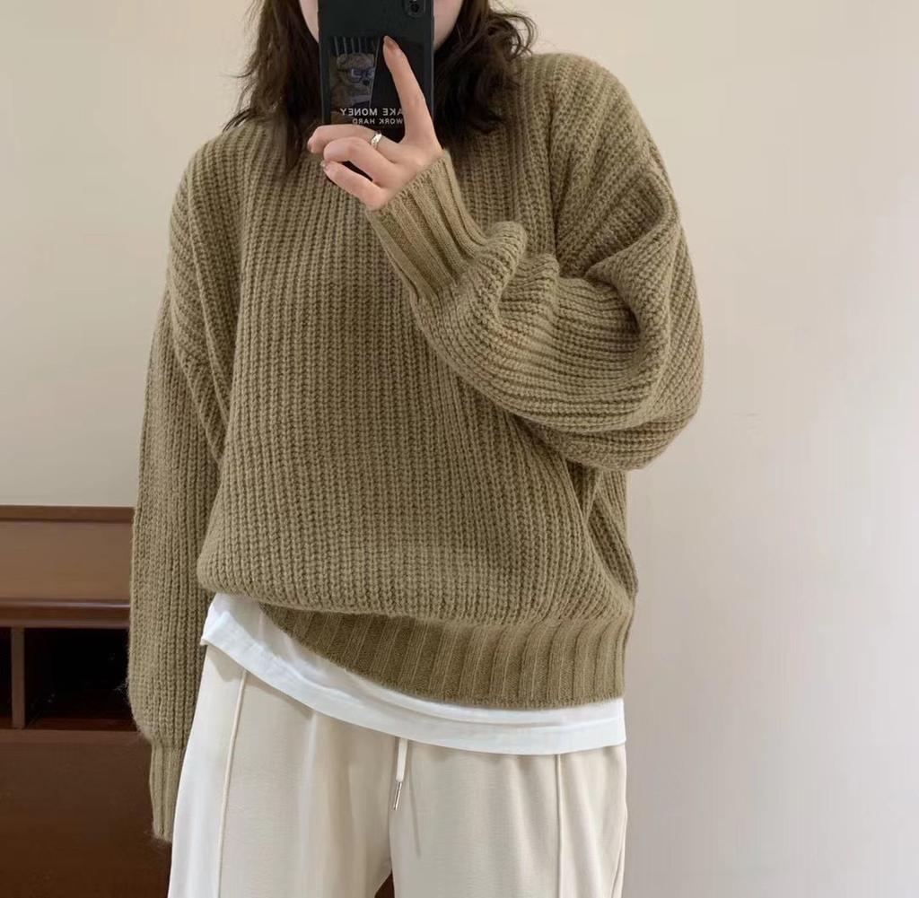 Autumn and Winter Women's Solid Color Pullover Sweater Loose Round Neck Knitted Sweater Base Top