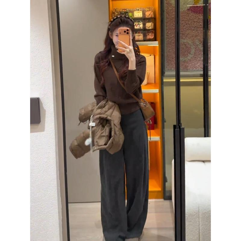 

Свитер вязаный с отложным воротником женский осенне-зимний ленивый свободный дизайн для ношения под верхнюю одежду, повседневный топ L кофейный