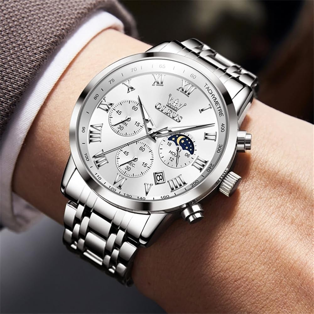 OLEVS Men's Quartz Watch Waterproof Date Luminous Classic Stainless Steel Band Fashion Business White