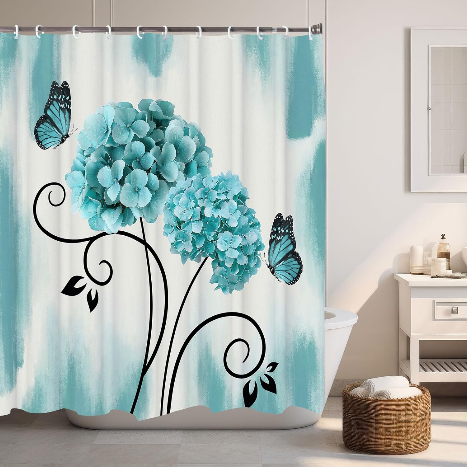 

Teal Blue Hydrangea Floral Shower Curtain, Waterproof Boho Botanical Bathroom Decor For Modern Farmhouse Style Bathing Space W60H190(CM)-1 Pcs