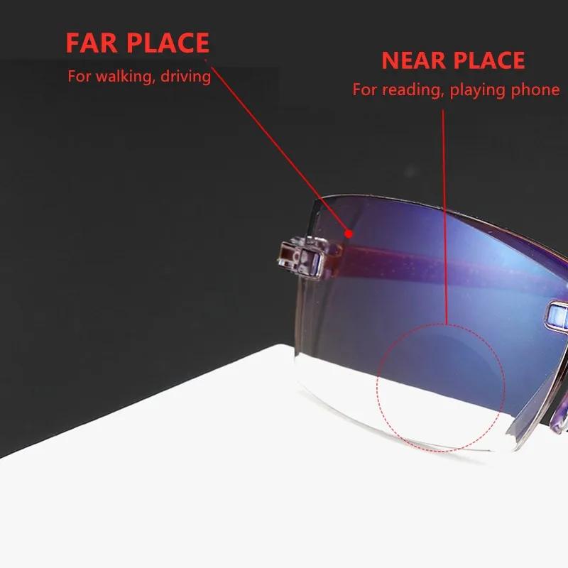 New Rimless Reading Glasses Anti Blue Light Bifocal Far Near Magnification Eyewear for Men Women +150 +200