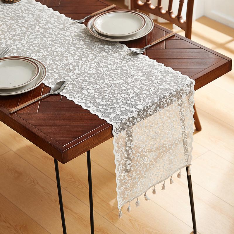 Elegant Nordic White Lace Table Runner with Crochet Tassels - Perfect for Dining or Coffee Tables, Ideal for Christmas Decor.