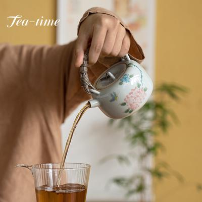 200ml Pure Hand-painted Embroidered Ball Ceramic Teapot Handmade Rattan Woven Lifting Beam Pot Chinese Tea Brewing Kettle Teaset