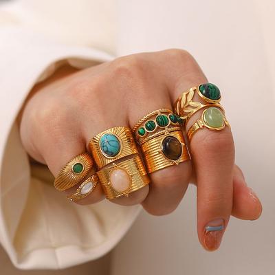 Retro Stainless Steel Gemstone Ring with Gold Band Jewelry From The Vintage Era