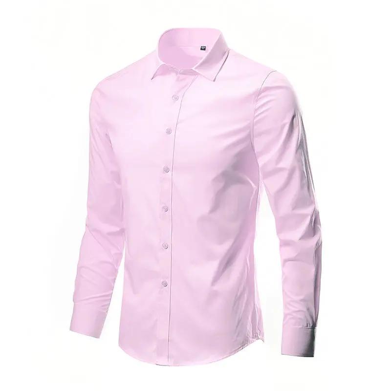 Men s Solid Color Long Sleeve Shirt Casual Slim Fit Simple Trendy Soft Button Down Business Daily All Match Basic Tops for Male 4XL розовый