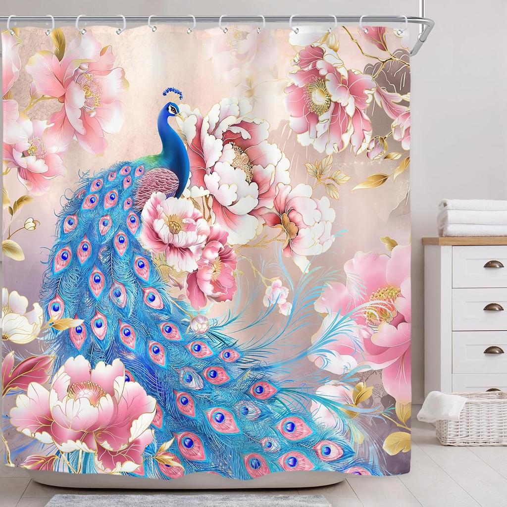 Peacock Floral Shower Curtain for Bathroom Decor 72Wx84H Extra Long Morden Teal Flowers White Gold Peony Rose Elegant
