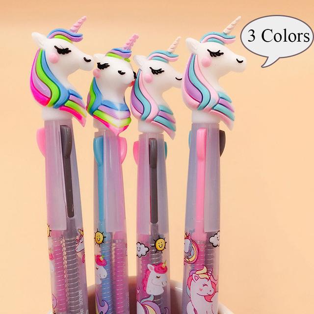 Kids 3 In 1 Cartoon Smooth Pen Cute Horned Horse Pony Gift Ballpoint Silicone Head