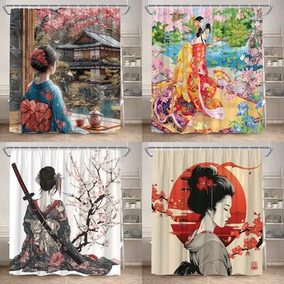Asian Woman Shower Curtain Japanese Kimono Cherry Blossom Landscape Ink Painting Art Polyester Fabric Bathroom Decor Curtain Set