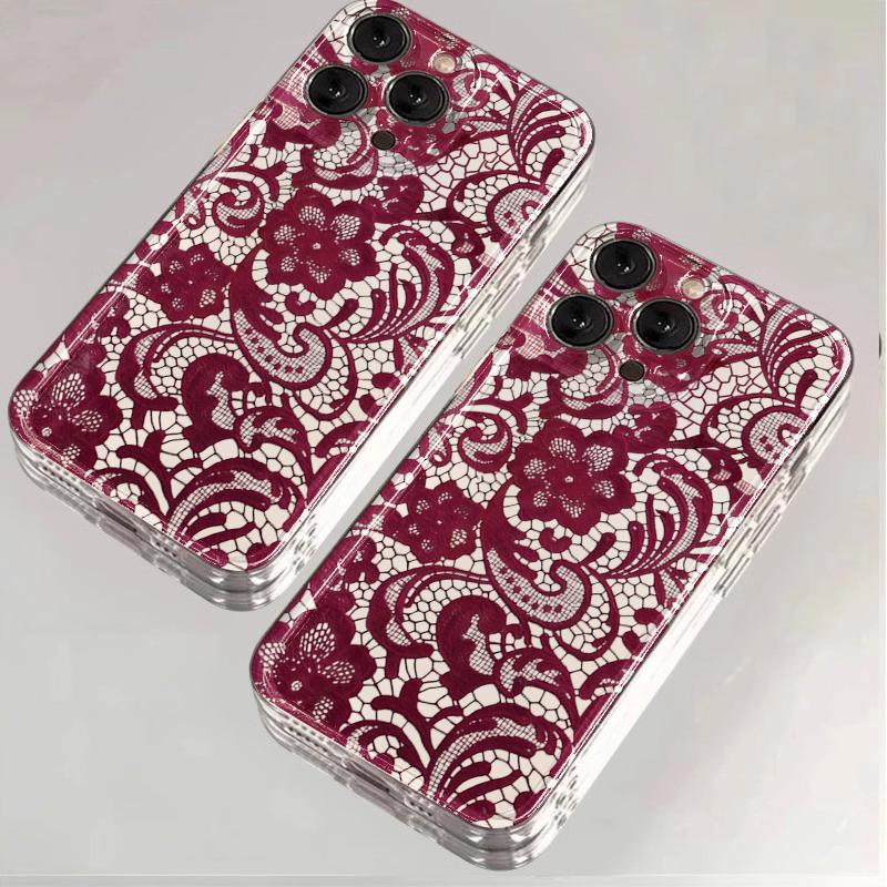Red Lace Pattern Phone Case For iPhone 17 16 15 11 12 14 13 Pro Max Mini X XS XR 7 Plus 17E Shockproof Soft Cover Shell Fundas