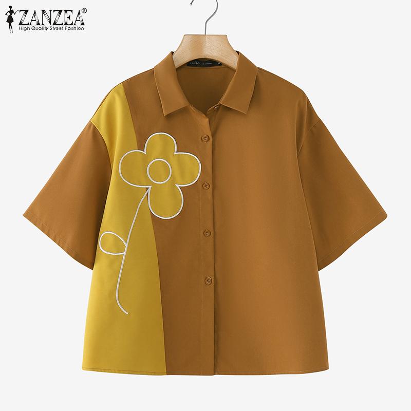 ZANZEA Women Fashion Shirt Collar Floral Print Short Sleeve Shirts