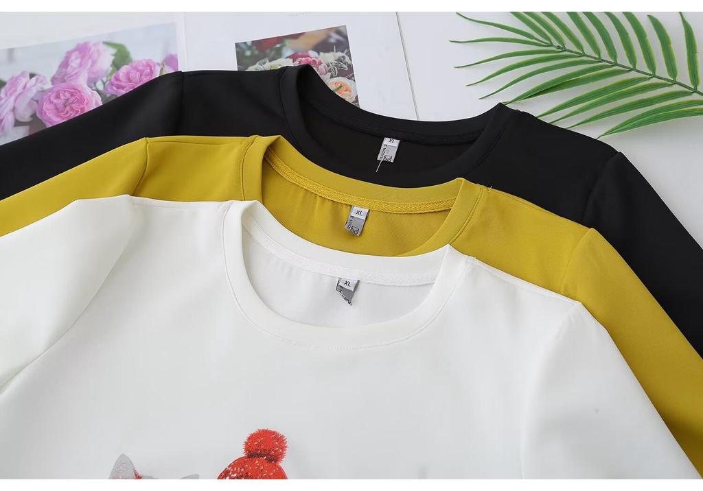 2026 Summer Korean Style Loose Fit Cartoon Cat Print Plus Size Pullover T-shirt for Women