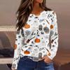 Women's Long Sleeve Round Neck Top with Halloween Print and Side Slit Hem for Casual Holiday Wear