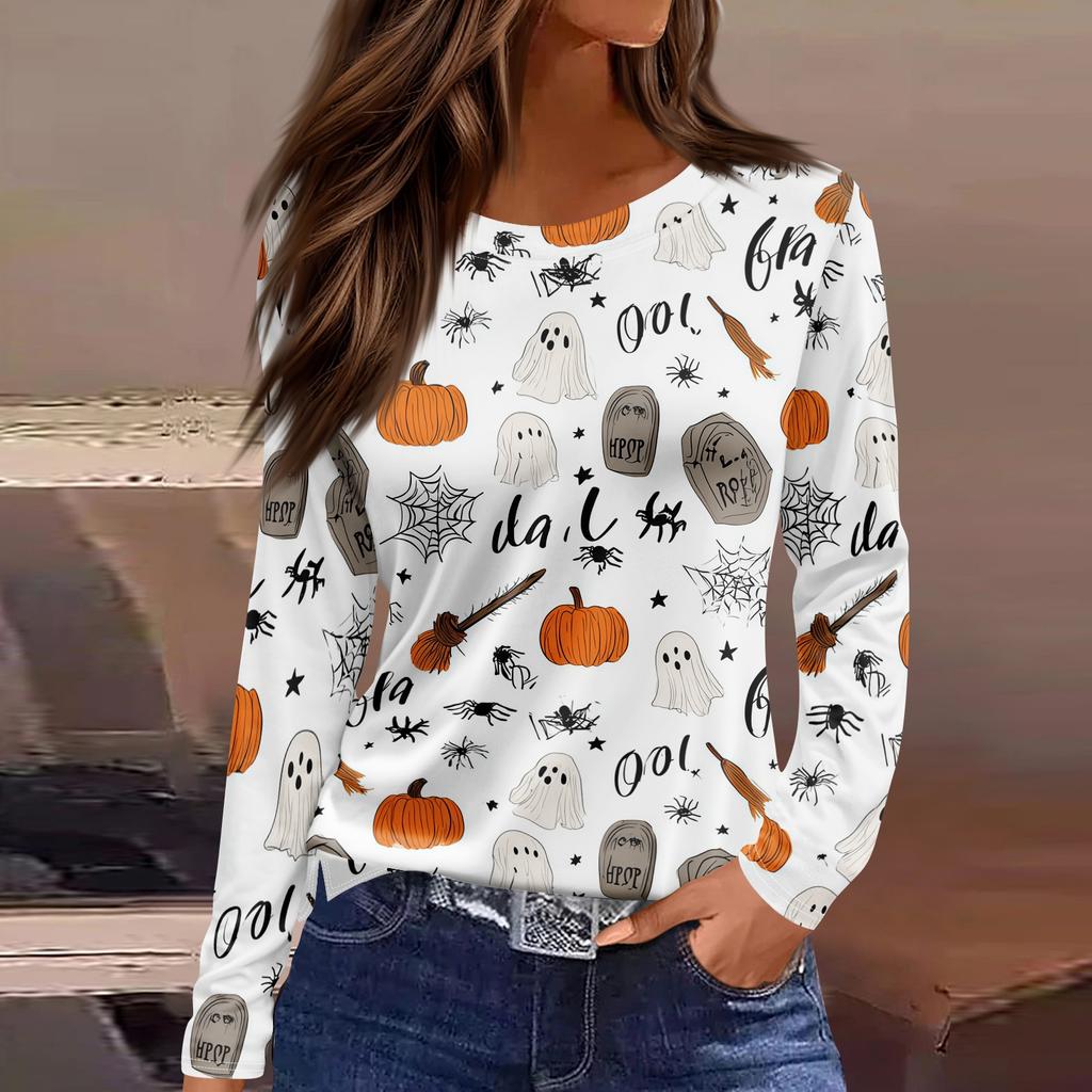 Women's Long Sleeve Round Neck Top with Halloween Print and Side Slit Hem for Casual Holiday Wear