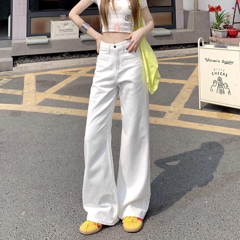 Women's High-Waisted Wide-Leg White Jeans - Summer Slimming, Floor-Length, Relaxed Fit