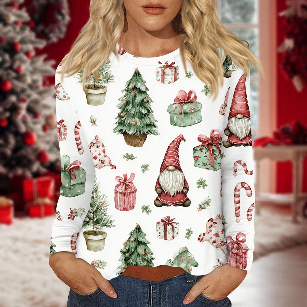 Dame Hverdagslig Langermet Trykket O-hals Topp